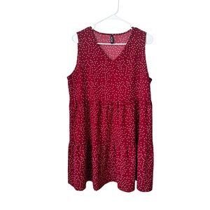 Lock & Love Burgundy Red Polka Dot V-Neck Tiered Sleeveless Babydoll Mini Dress